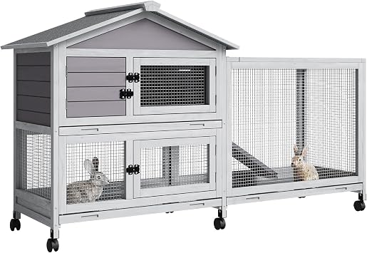 2-Tier Rabbit & Chicken House with Wheel, Weatherproof Outdoor/Indoor Pet Cage with Non-Slip Ramp, 4 Access Doors & Pull-Out Tray for Rabbits, Guinea Pigs, Ferrets