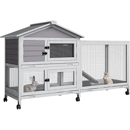 63" 2-Story Wooden Rabbit Hutch Indoor, Large Bunny Cage Outdoor with 6 Lockable Wheels, Pull-Out Tray & Weatherproof Roof, Small Animal Cage for Rabbit Guinea Pig Chicken Duck, Grey