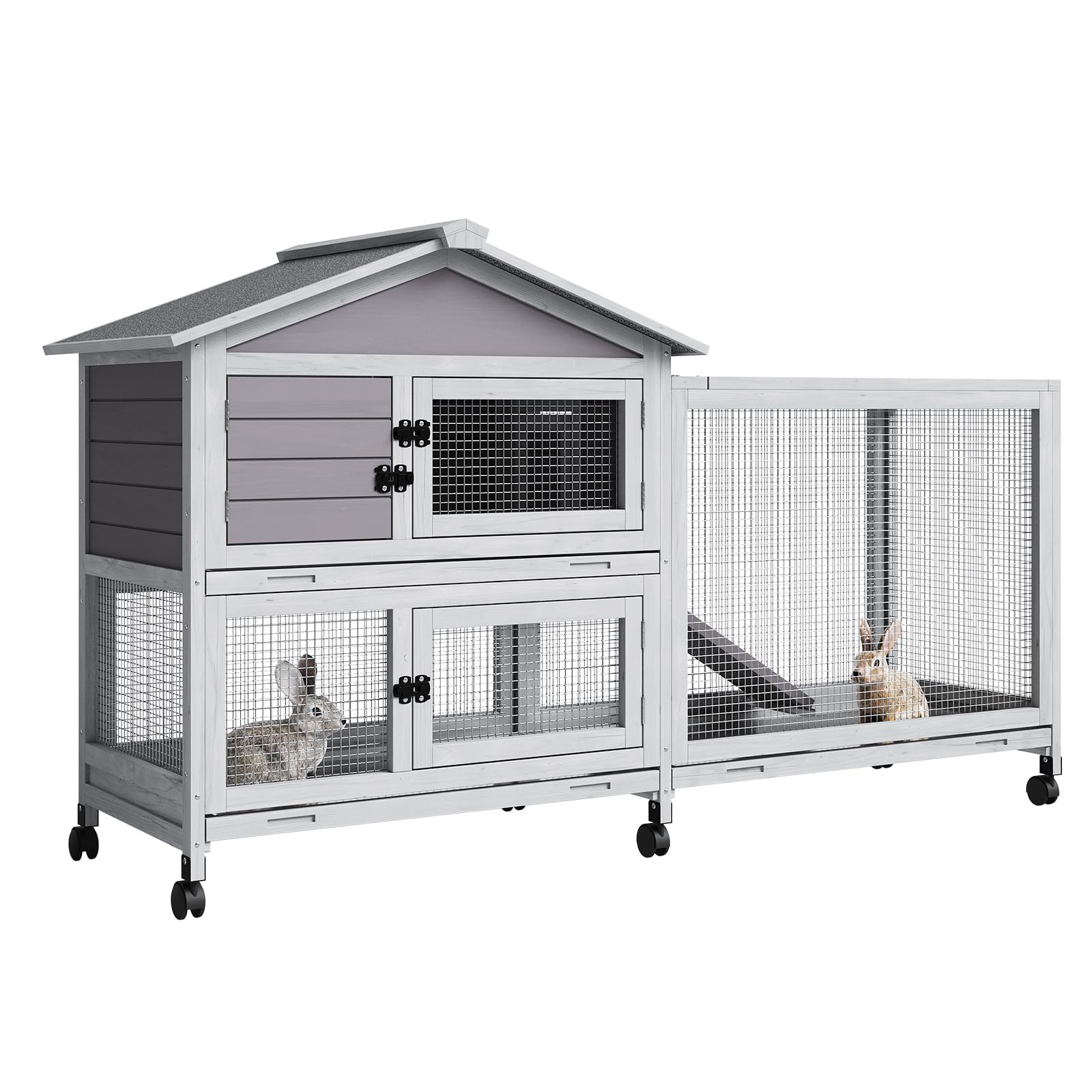 Garvee Gabbia a 2 Livelli per Piccoli Animali - Tetto Impermeabile, Ruote, Rampa Antiscivolo, 4 Porte, Vassoio Estraibile - Casetta in Legno per Conigli, Cavie, Furetti, Interno Esterno - Grigio