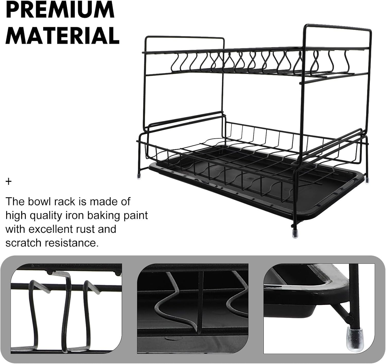 VILLCASE Double-Deck Dish Rack with Drain Tray, Black Kitchen Storage Shelf and Sink Holder for Bowl and Plate Organization