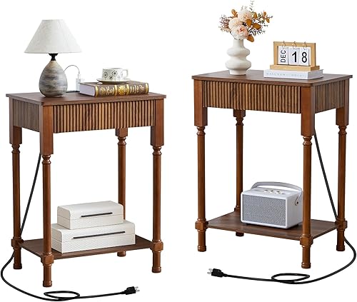 Miniatura 20 de Juego de 2 mesas auxiliares estriadas con estación de carga, mesa auxiliar moderna de mediados de siglo con almacenamiento de cajones, mesitas de 2