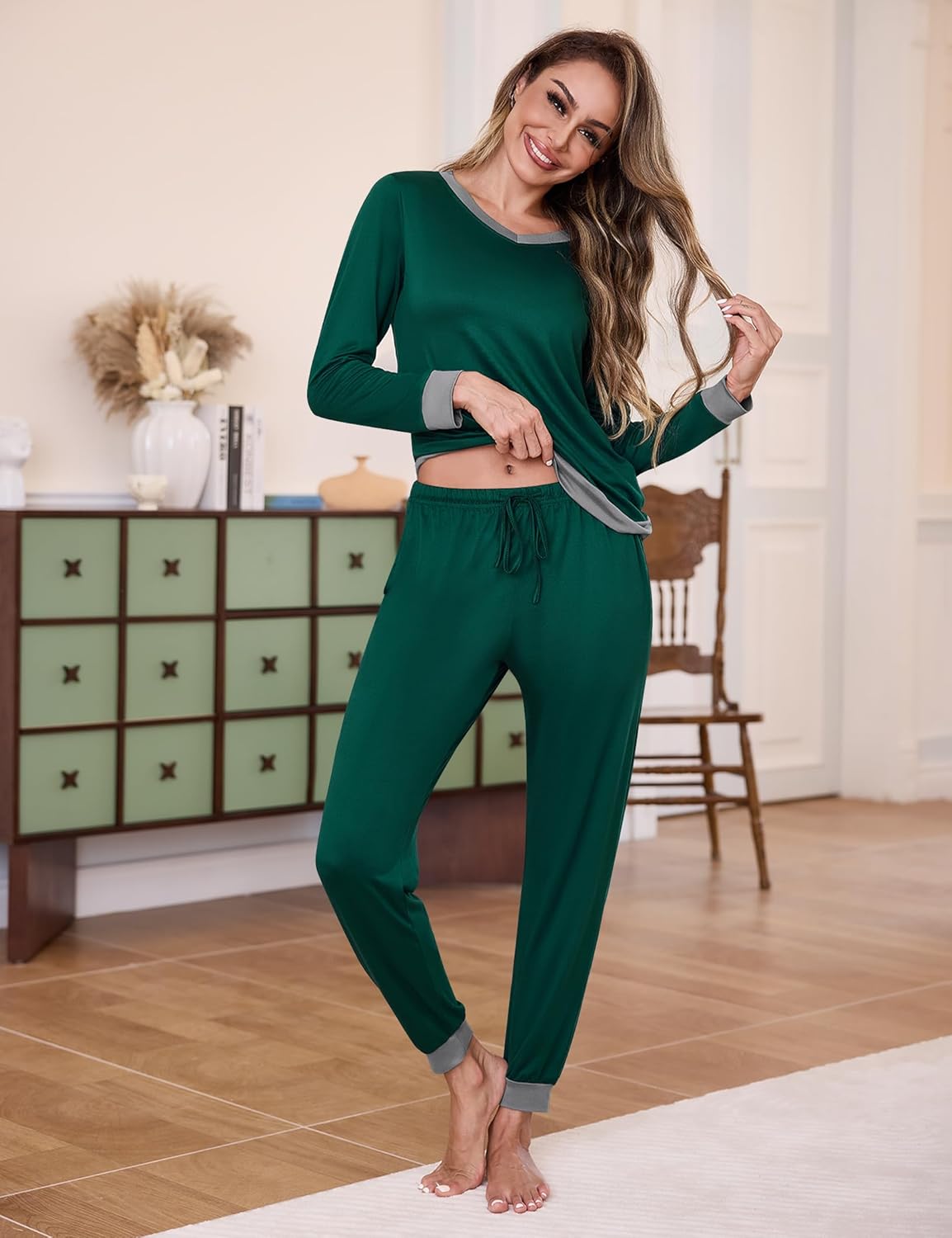 2 Pack Womens Pajama Sets Long Sleeve Sleepwear Matching Pjs Set V Neck Loungewear with Pockets S-XXL - Image 2