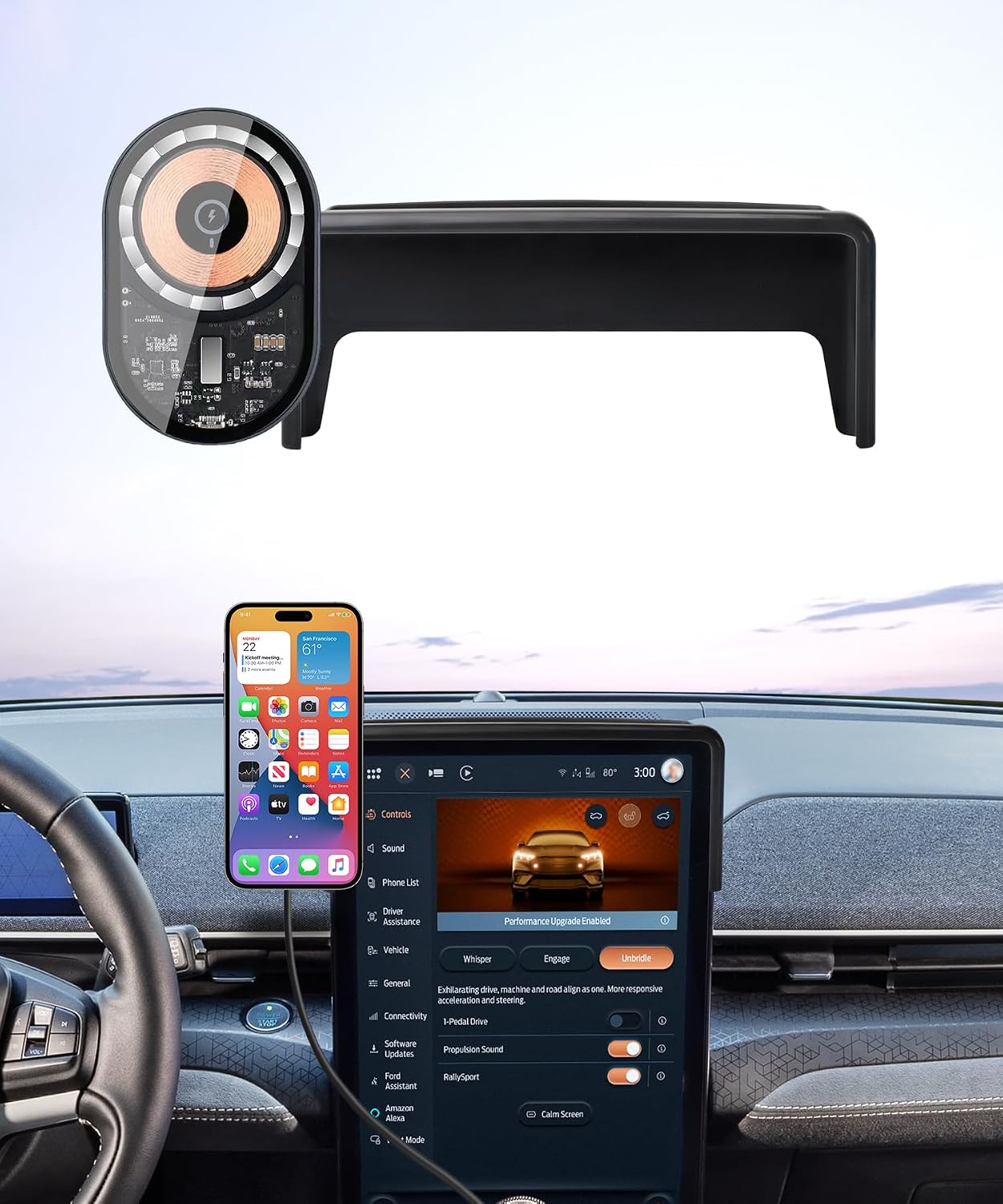 Wireless Charging Car Phone Holder for Ford Mustang Mach-E 2021-2026, 15.5" Screen Fixed Clip, 360° Rotation Car Phone Mount Compatible with MagSafe