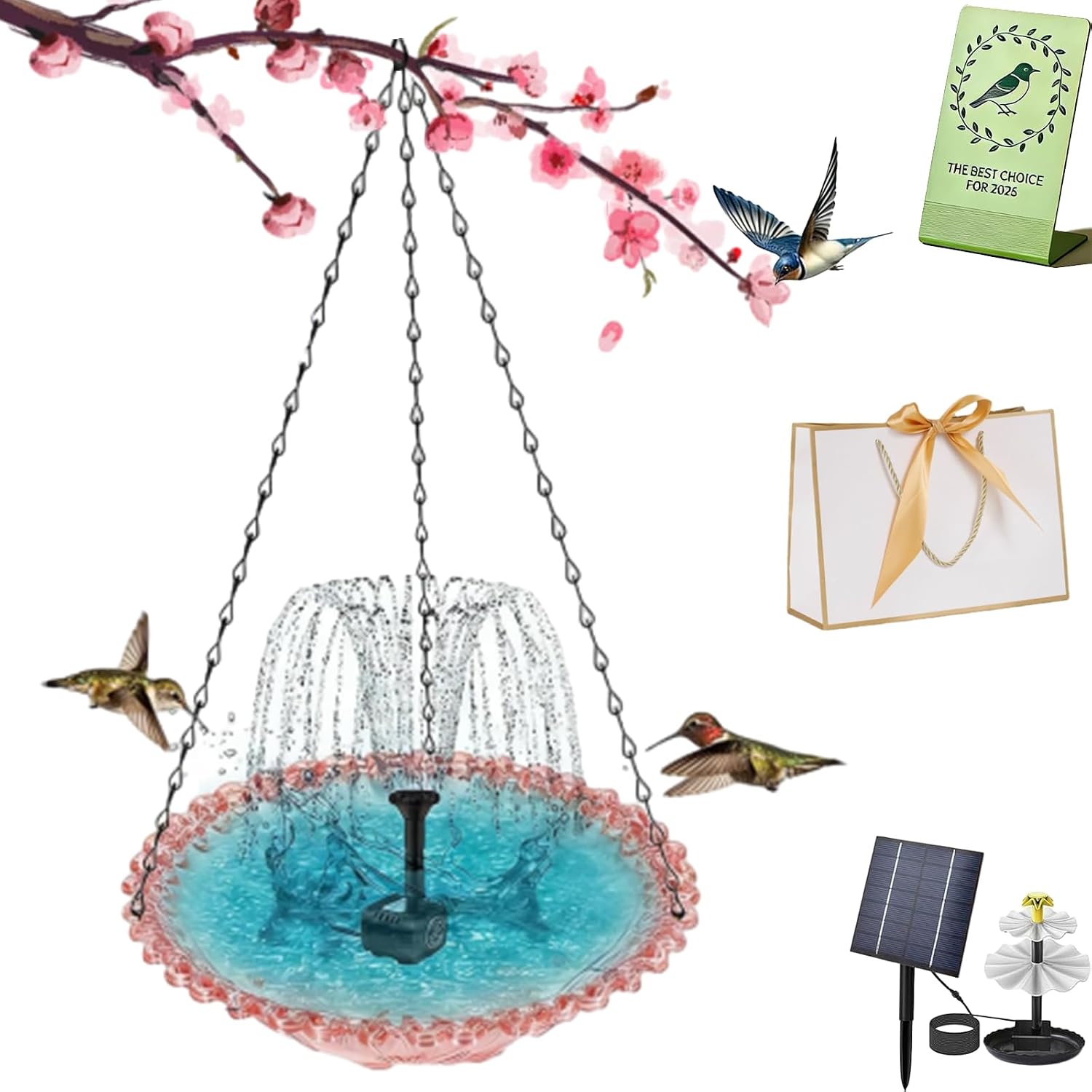 Hanging Bird Bath Fountain, Solar Cascading Water Fountain, Tiered Cascade Solar Water Fountains with Flowing Water, Decorative Hanging Bird Bath for Garden Yard Patio Outdoor (Purple-B)