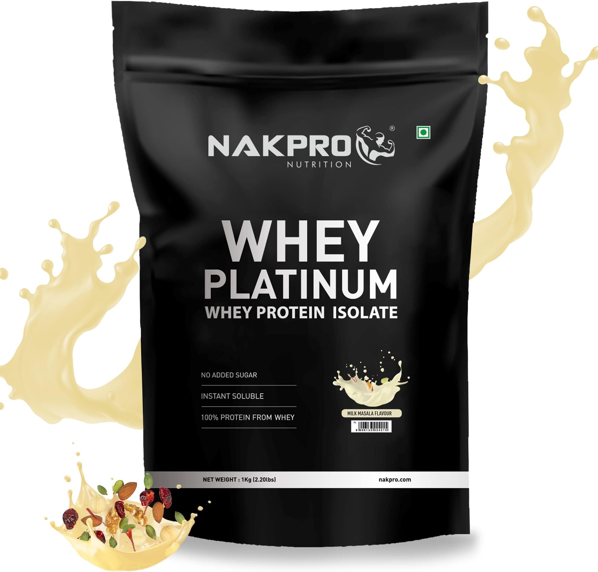 NAKPRO Platinum Whey Protein Isolate 1kg Milk Masala | 28g Protein, 6.4g BCAA | Trustified Certified 100% Authentic Supplement Powder & No Adulteration | Low Carbs, Fast Absorbing Whey Protein Powder