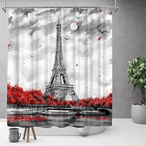 Miniatura 3 de Cortina de baño de la Torre Eiffel, cortina de ducha romántica europea de Francia, cortina de ducha con 12 ganchos, 72 x 72 pulgadas (rojo)