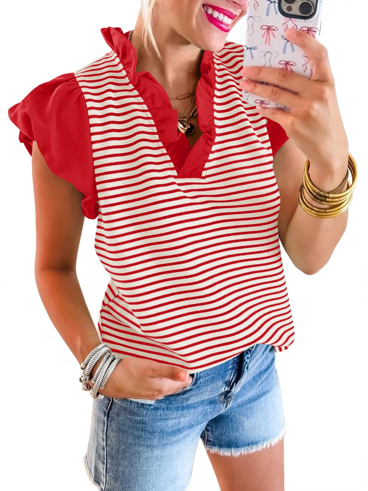 Tankaneo Canotte da donna con maniche ad aletta con volant, estive, casual, carine, a blocchi di colore, a righe, plissettate, con scollo a V
