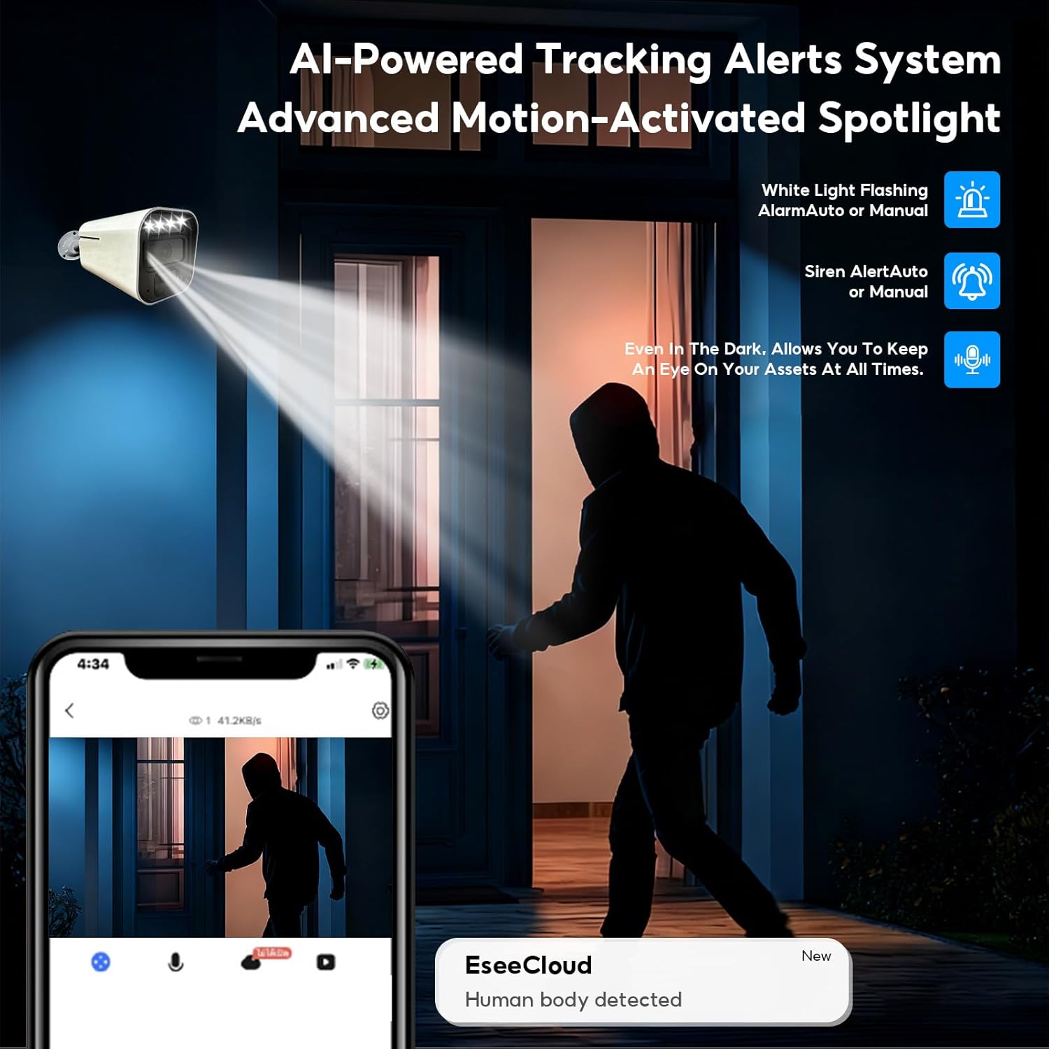 4G LTE Cellular Solar Security Camera Wireless Outdoor, No WiFi Solar Powered Camera, Built in SIM Card, 2K Color Night Vision, AI Motion Detection, PIR Motion Sensor, 2 Way Audio