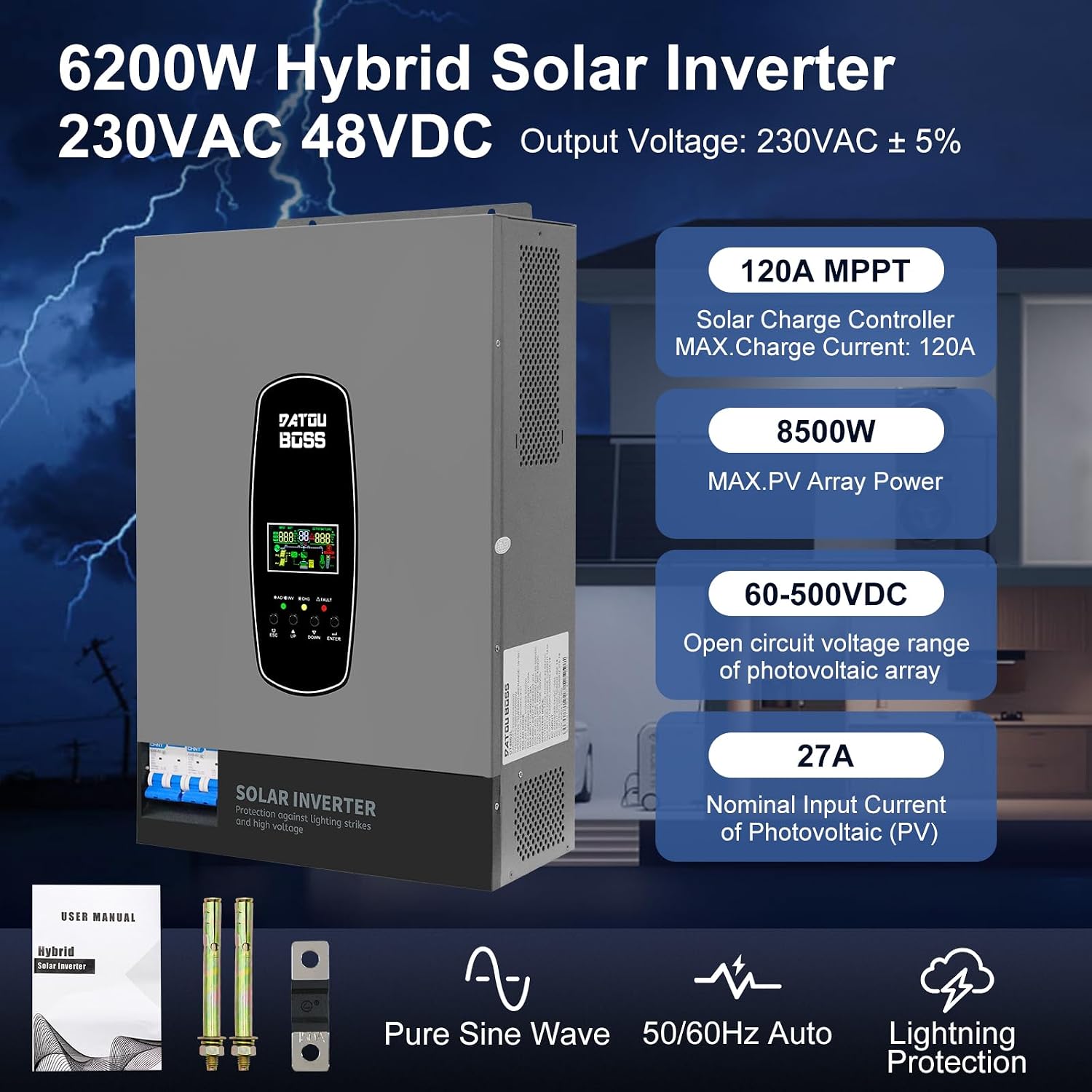 DATOUBOSS 6200W Hybrydowy Falownik Solarny 48V, Czysta Sinusoida, PV do 8500W, Moc PV 6500W, Ochrona Przepięciowa, Start bez Baterii, Zintegrowany Regulator MPPT 120A, do Systemów Off-Grid