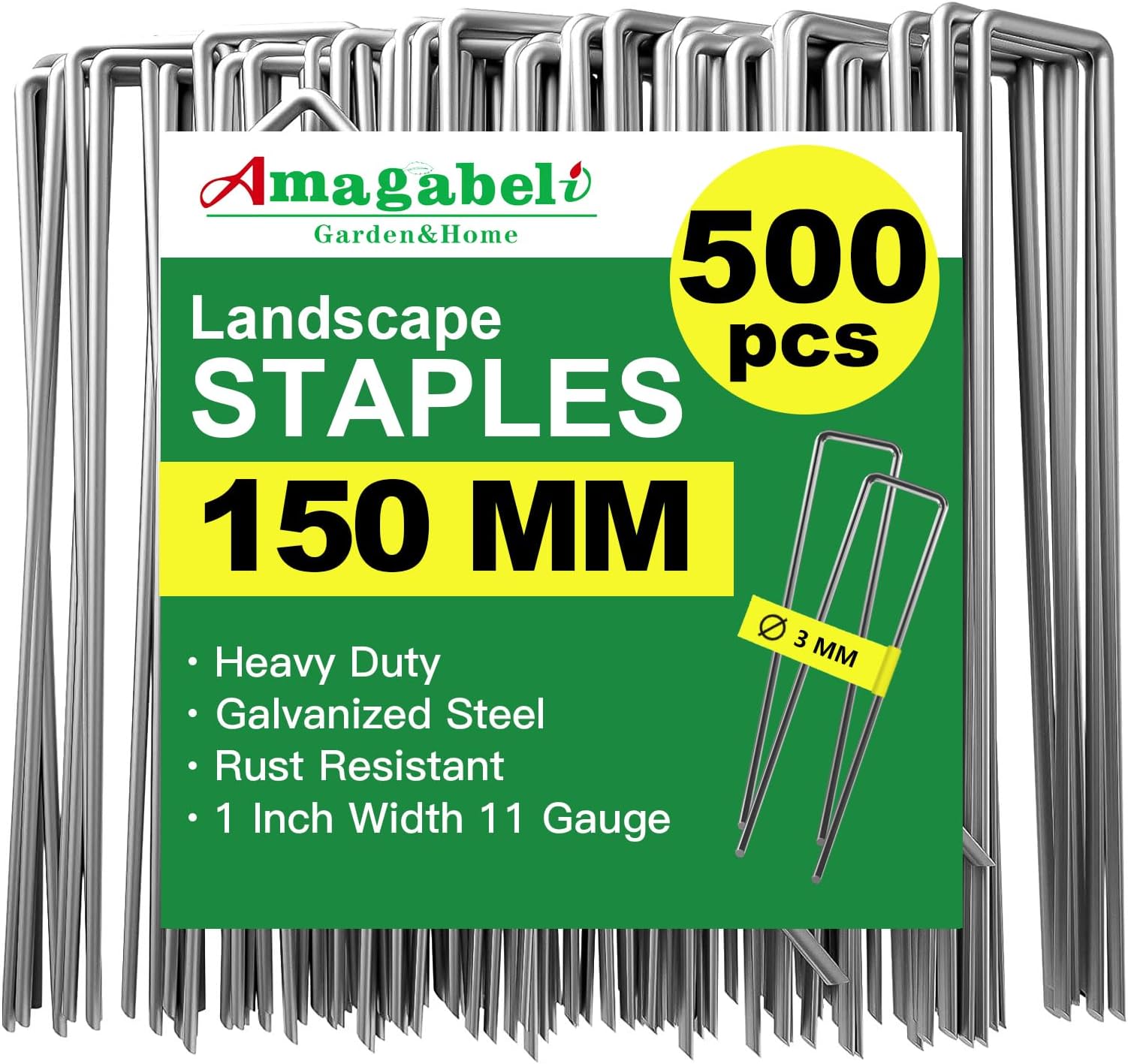 Amagabeli 500 Pack 6 Inch Garden Securing Pegs Stakes Galvanized Landscape Staples Diameter 3MM Heavy Duty Sod Pins Fence Stakes for Anchoring Weed Barrier Fabric Ground Cover Garden Staples