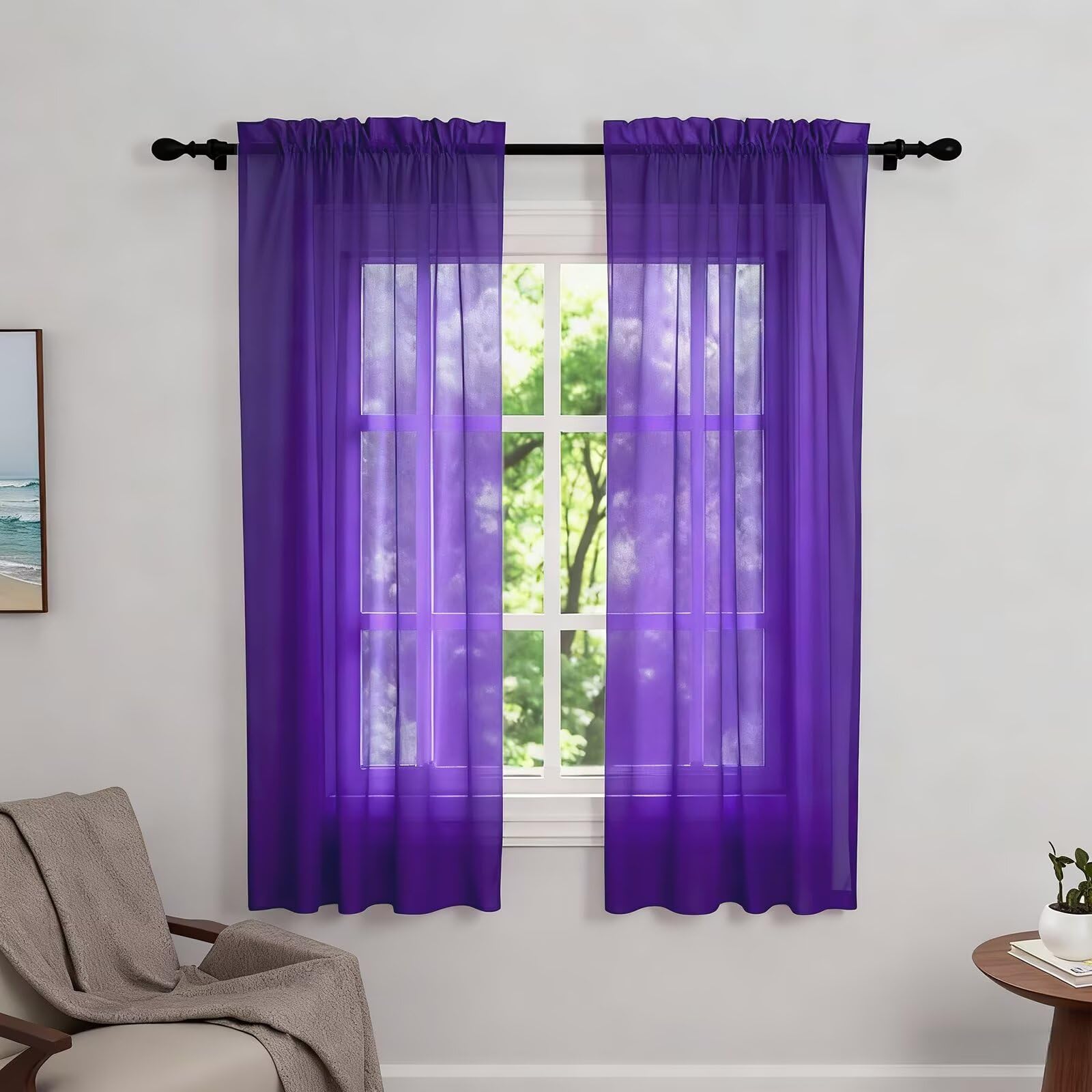 Zdada Net Curtains for Windows 45 Drop, Purple Slot Top Voile Curtains, Semi Transparent Sheer Curtain Net Curtain Panel for Living Room Kitcken W60xL45 Inch,2 Panels — image 1