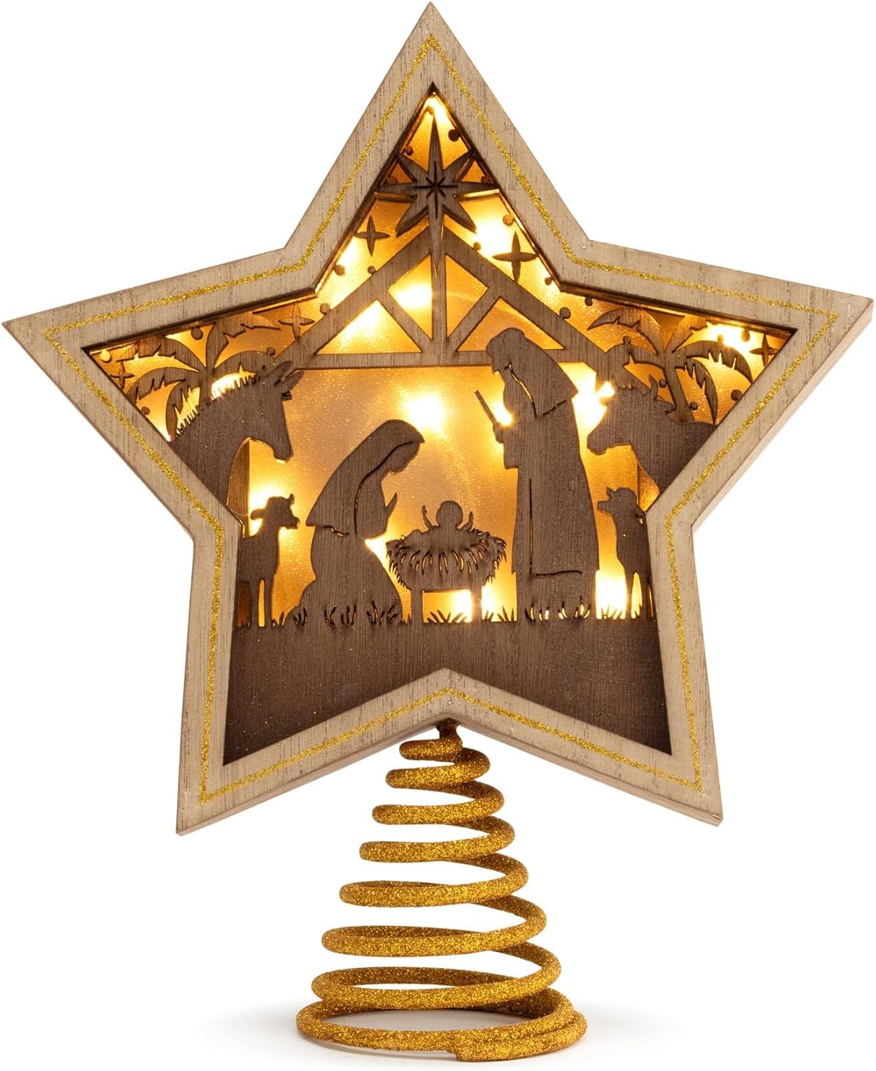 DEMDACO Lit Star Nativity Tree Topper - Glowing Gold Accented Wooden Star for Beautiful Holiday Charm - Christmas Tree Topper - Warm LED Shadow Box - Cutout Nativity Scene