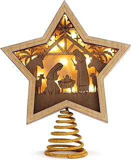 Gold Accented Wooden Star with Nativity and LED Shadow Box