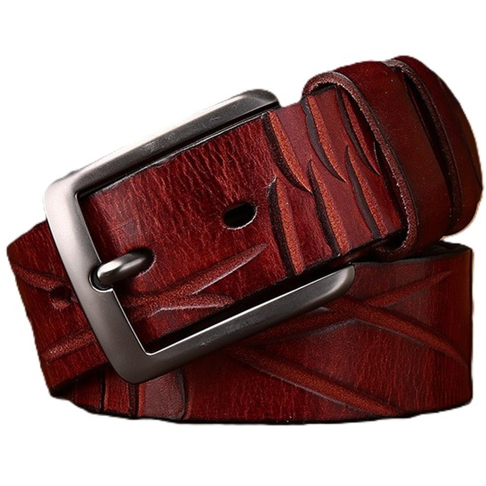 AGUTALITHIC Men's Distressed Jeans Belt-Vintage Full Grain Leather Strap Handmade Engraved Scratches-1.5" Wide with Gift Box(100cm/39, Red)