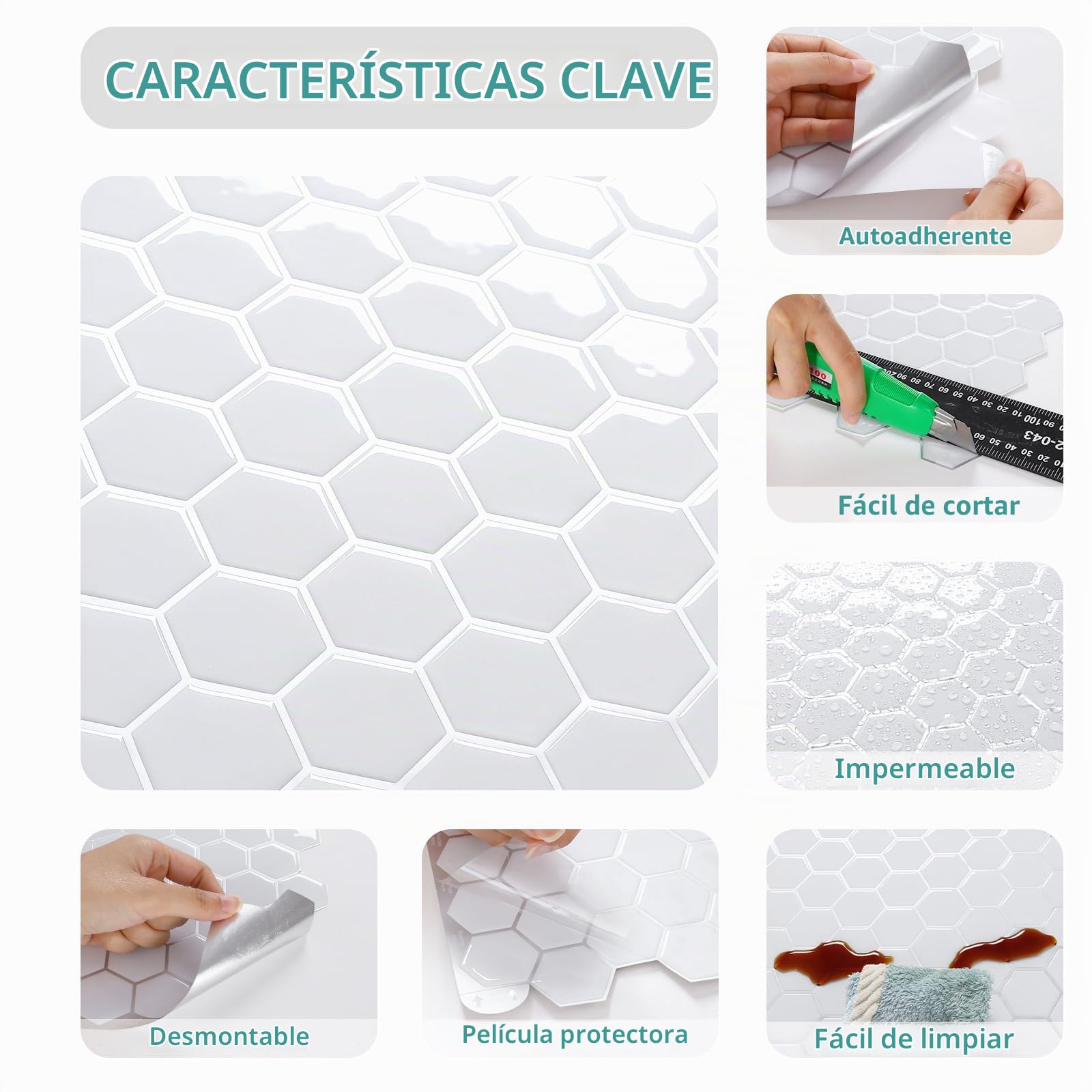 VEELIKE Azulejos Adhesivos 3D Moderno Blanco Hexágono para Baño y Cocina - Vinilo Baldosas Adhesivas Pared Impermeable 30.5cm×30.5cm 24 Piezas