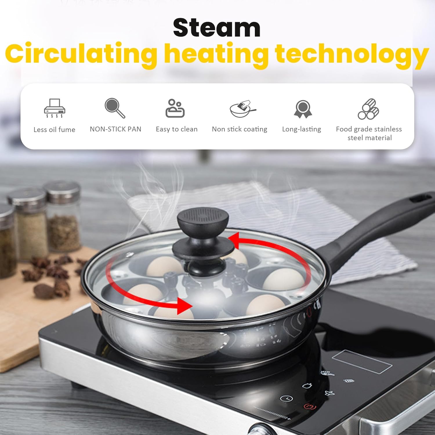 304 Stainless Steel 4-Egg Nonstick Poached Egg Cooker Pan with Handle, Easy-to-Use Poacher for Healthy Breakfast, Kitchen Tools