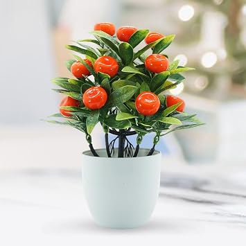 MagiDeal Mini Fake Plant Artificial Potted Plants Creative Bonsai Fake Flowers Plant Fake Fruit Tree for Indoor Bedroom Bathroom Shelf, Orange