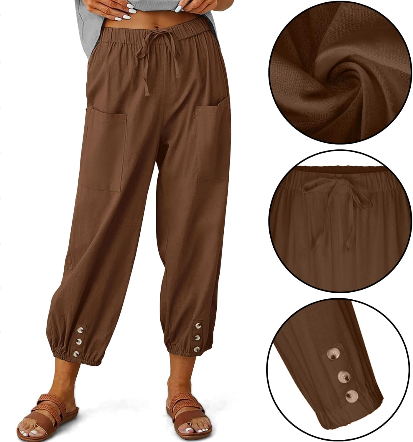 WROLEM Womens High Waist Pants Drawstring Wide Leg Cropped Casual Loose Capris with Pockets for Women - Image 3