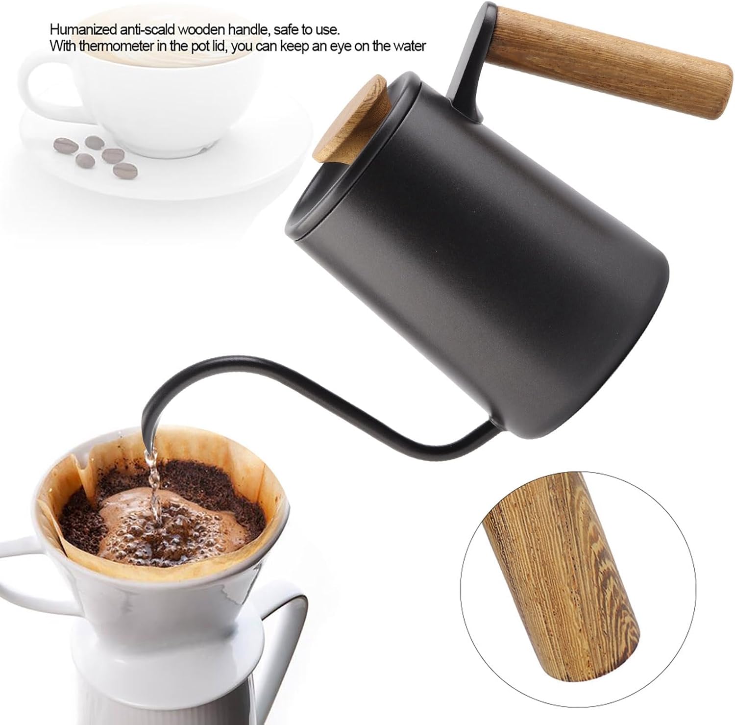 Gooseneck Kettle, 20oz/600ml Small Pour over Coffee Kettle with Long Narrow Spout, 304 Stainless Steel Hand Drip Coffee Tea Pot Camping Coffee Pot for Travel Outdoor, 10.2 X 5.3 X 3.54inch（Black）