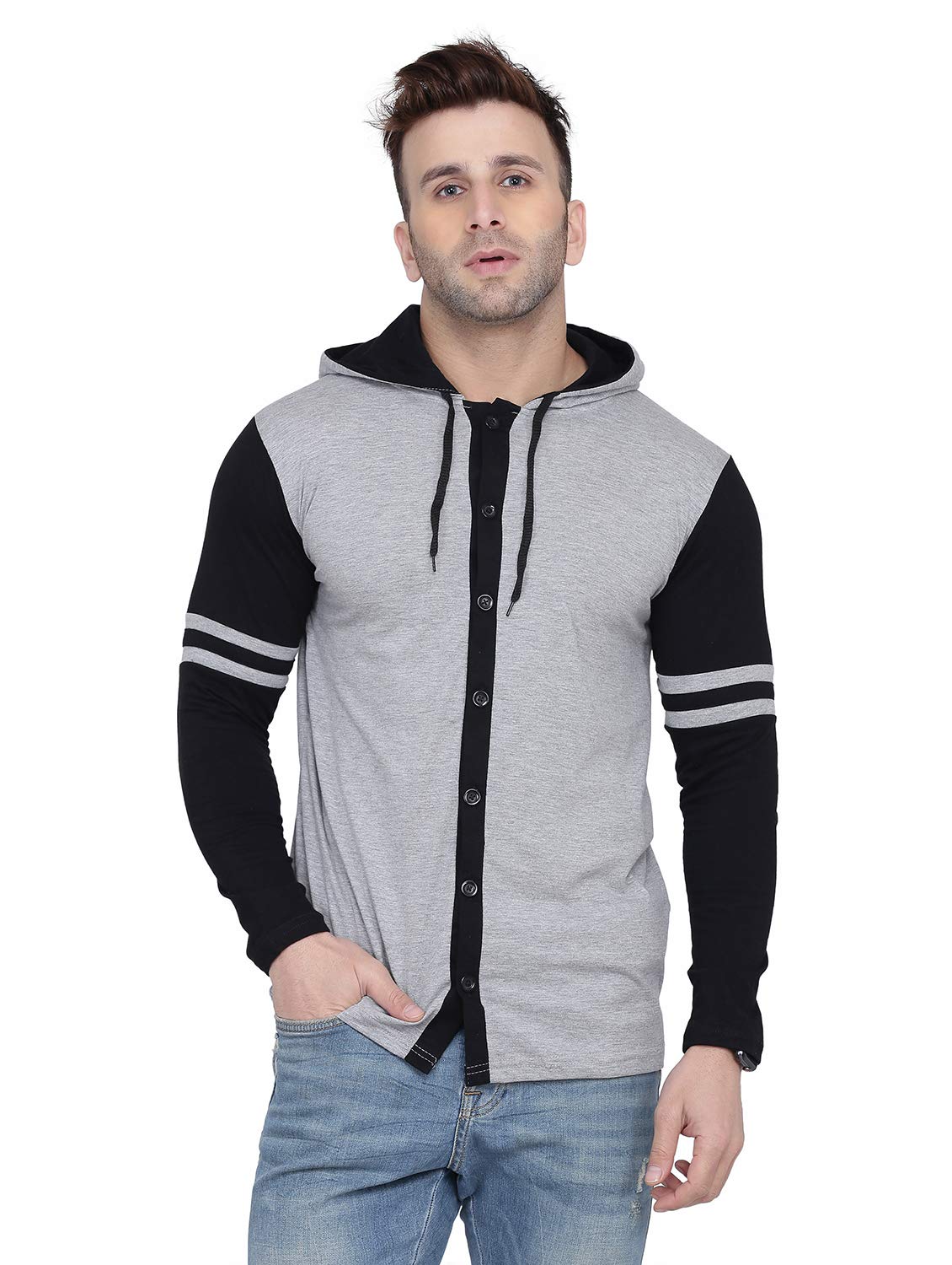 Men's Full Sleeve Hooded T-Shirt | Button Down Casual Hoodie with Sporty Stripe Design**-picture-23