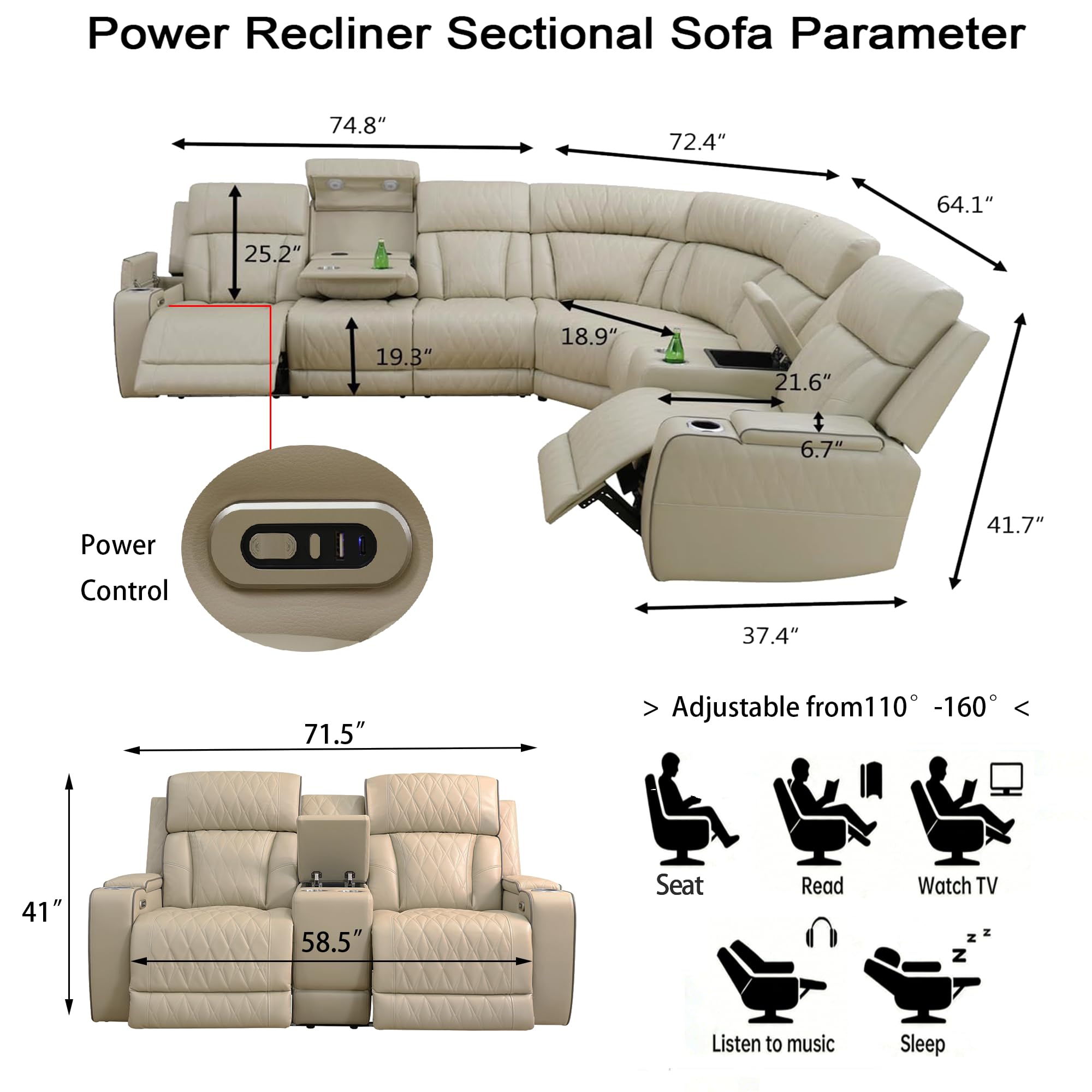 Power Reclining Sectional Sofa Set, Living Room Furniture Sets, Breathing Leather Sectional Couch and Loveseat with 4 Recliners, LED Light, USB Charging Port & Storage for House/Home Theater view 2
