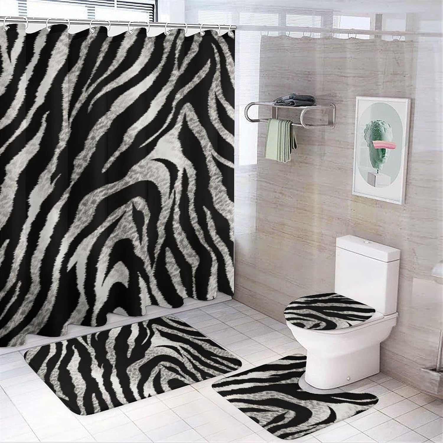 Black and White Zebra Print Shower Curtain Set 4 Piece, Non-Slip Bath Mat with Toilet Lid Cover and Waterproof Shower Curtain with 12 Hooks, Complete Bathroom Set for Home Decor