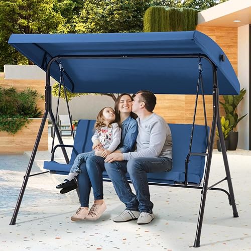 Miniatura 7 de Columpio de patio de 2 asientos, columpio al aire libre con cojines extraíbles, toldo ajustable para patio trasero, porche, jardín, asiento de tela,