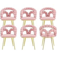 cinkehome Modern Velvet Dining Chairs Set of 6, Upholstered Kitchen Side Chairs with Curved Bubble Back & Gold Metal Legs for Dining Room, Living Room, Vanity, Pink