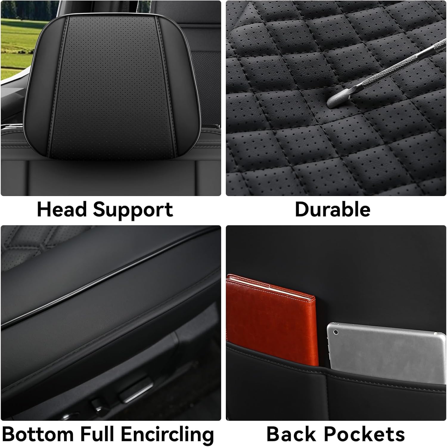 Faux Leather Car Seat Covers Set Fit for Chevrolet Silverado Collection Compatible with 2007-2025 GMC Sierra 1500 2500HD 3500HD in Black Automotive Interior Accessories (Black-Full Set)