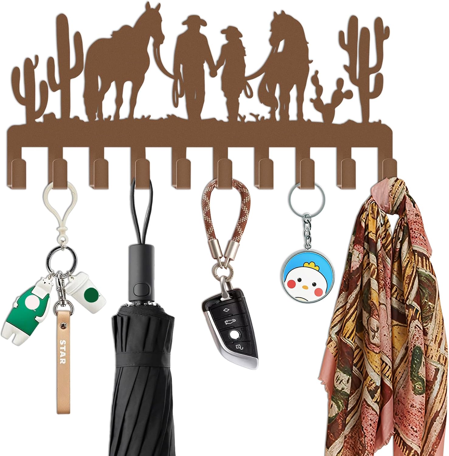 Vintage Rusty Western Key Holder with 10 Hooks, Cowboy Couple Wall Decor with Two Horses, Rustic Cowboy Hat Rack for Wall, Western Style Coat and Key Hanger for Entryway