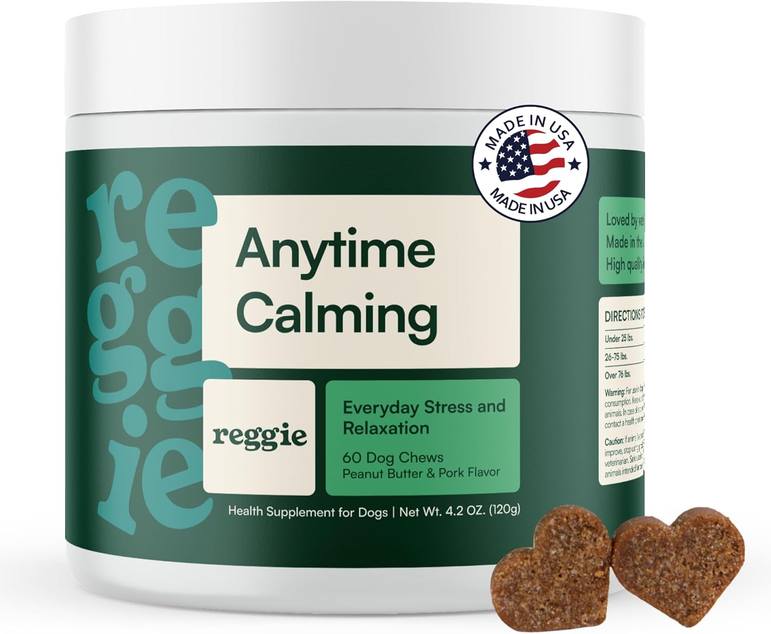 Reggie Anytime Calming Chews for Dogs | Natural Anxiety Relief with L-Theanine & Magnolia Barks | Calming Dog Treats for Separation Anxiety, Thunderstorms, Travel & Stress | 60 Soft Chews
