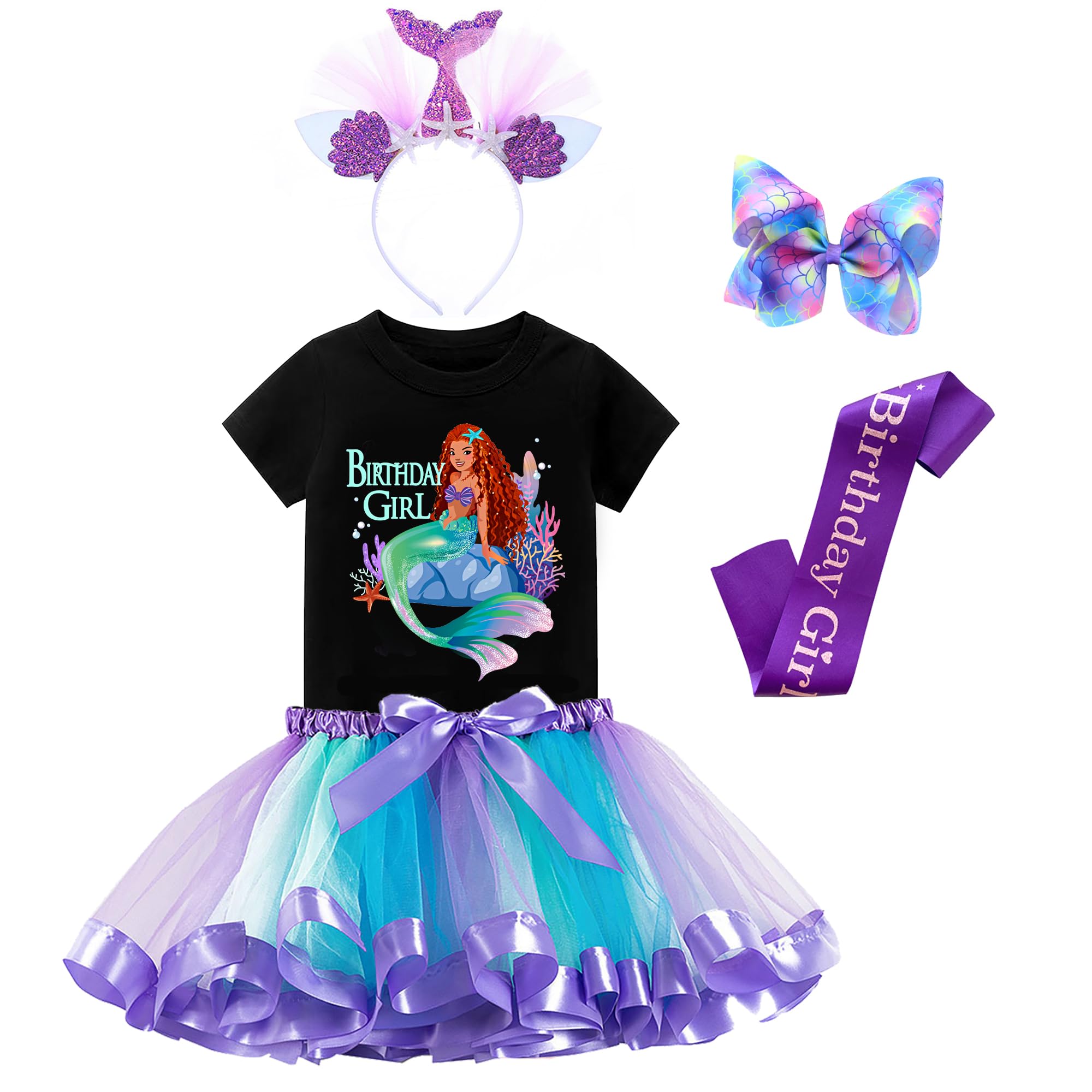 Tutu and Sian Mermaid Outfit Set – Shirt, Rainbow Tutu Dress, Satin Sash, Headband – Birthday Gifts for Girls Costume