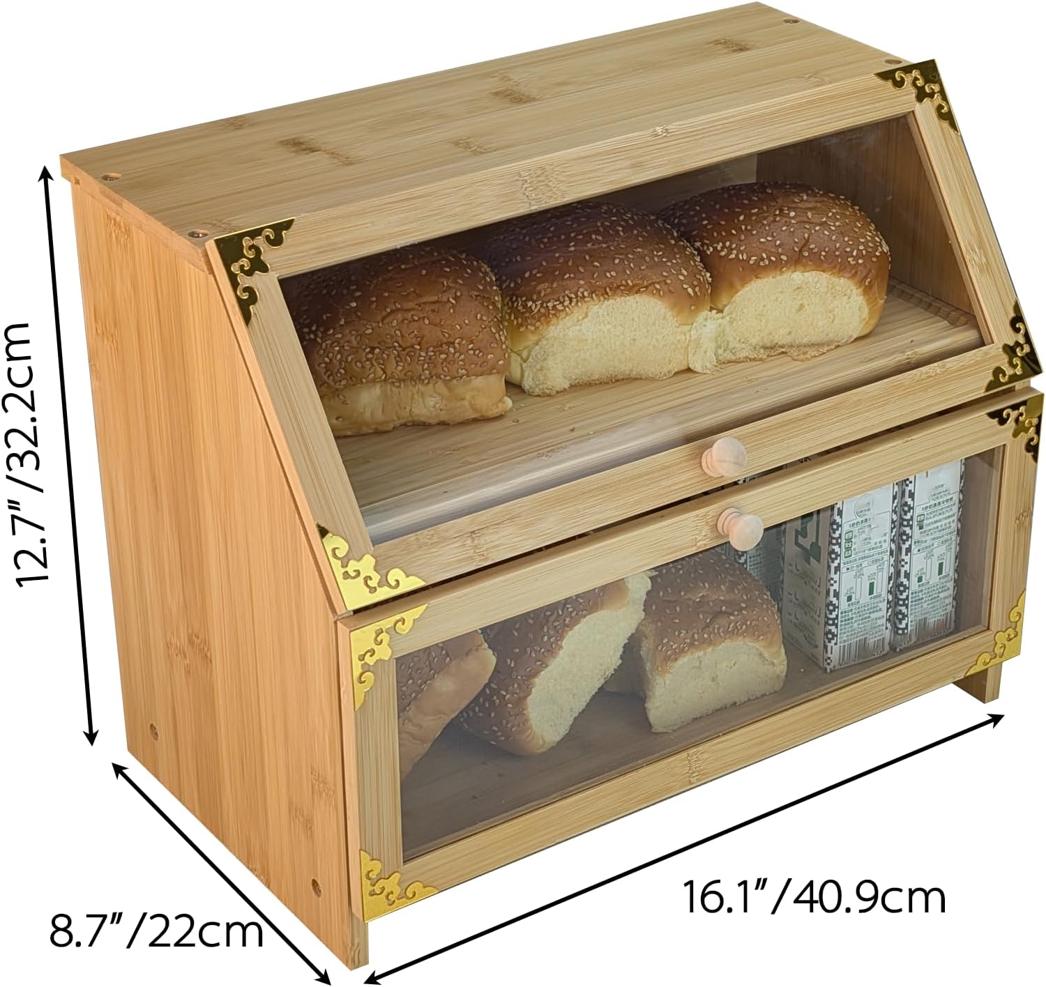 ARTAWEIN Extra Large Bamboo Corner Bread Box for Kitchen Countertop - Double Layer, Airtight Bread Bin and Holder, Natural Bread Storage Container, Ideal Natural Breadbox Keeper for Homemade Breads