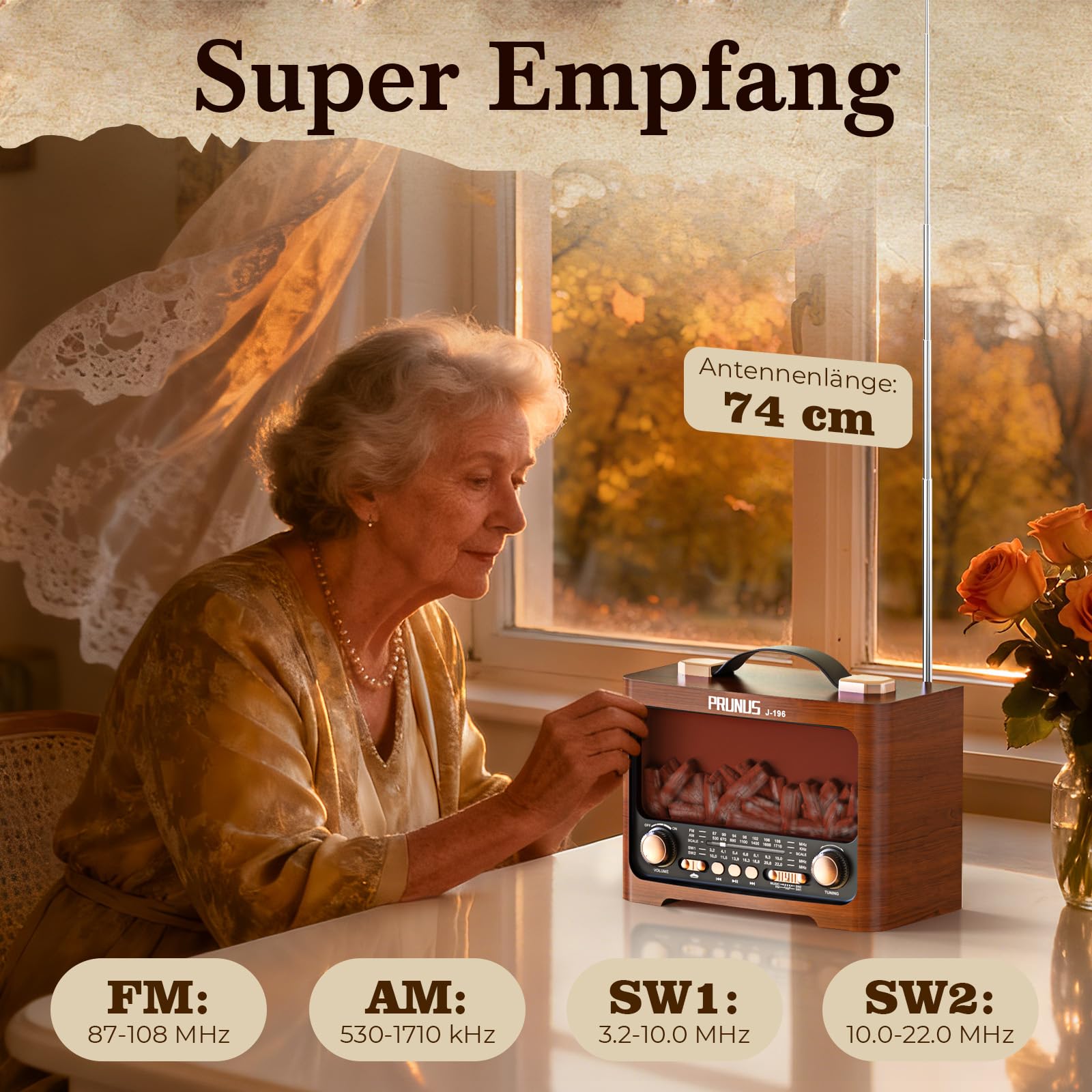PRUNUS J-196 AM/FM/SW Retro Radio mit Bluetooth | Nostalgie Radio mit Akku 1800mAh | Transistorradio Küchenradio für Zuhause | Flammen-LED | USB/TF Slot | großem 8W-Lautsprecher | Vintage-Dekoration