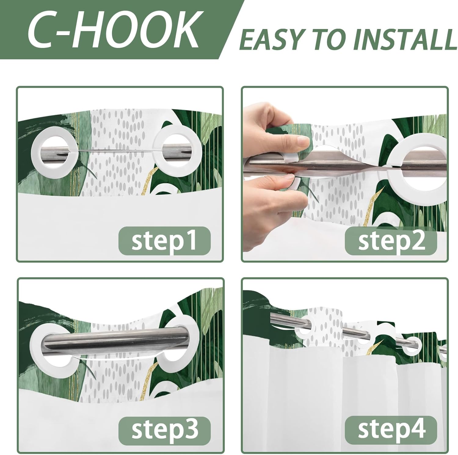 Sage Green Hookless Shower Curtain with Snap in Liner, White and Olive Green Leaf No Hook Double Layer Shower Curtain and Liner Set, Ringless with Window Waterproof Cloth Fabric, 60" W x 74" L