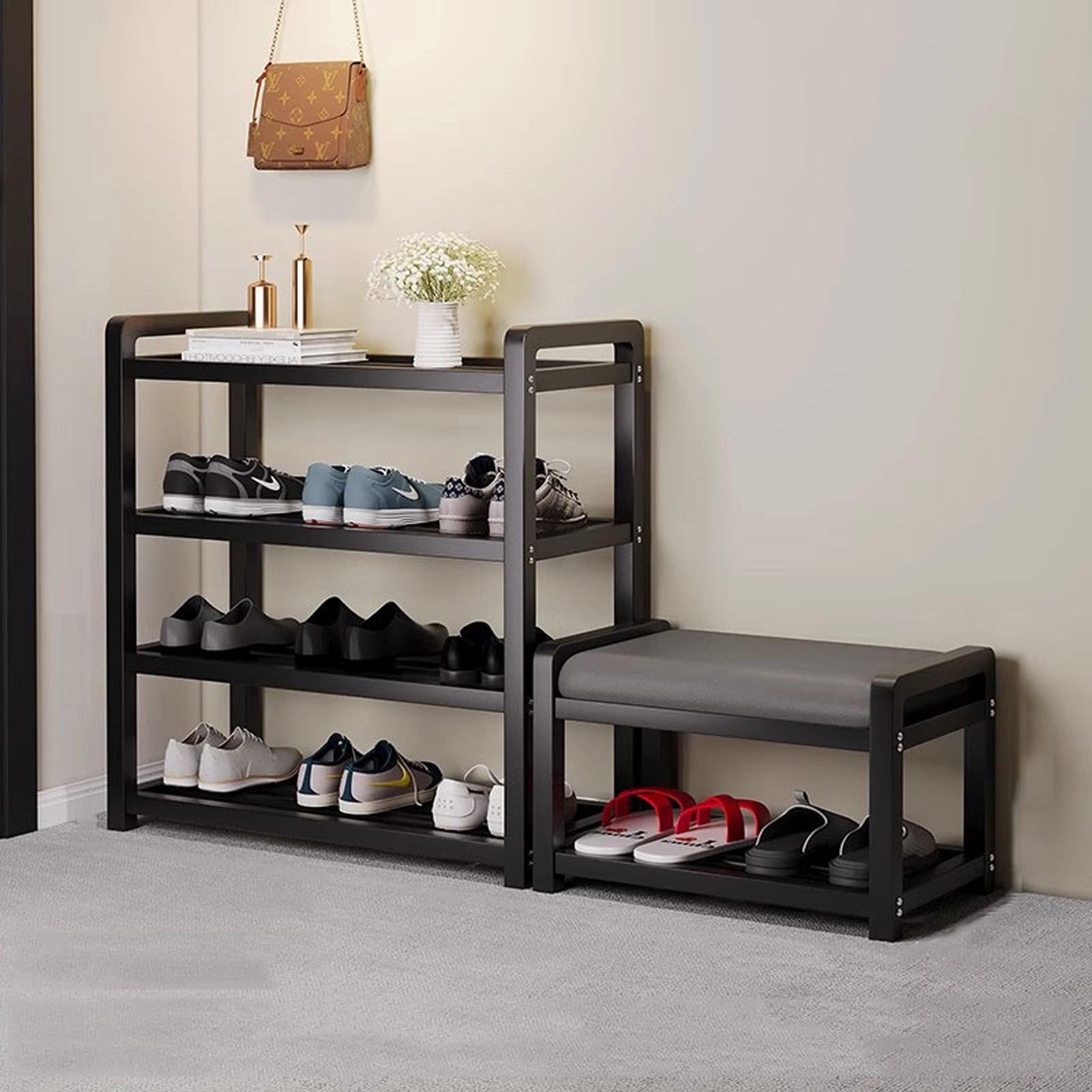 Banc étagère à chaussures 4 niveaux en acier et assise rembourrée