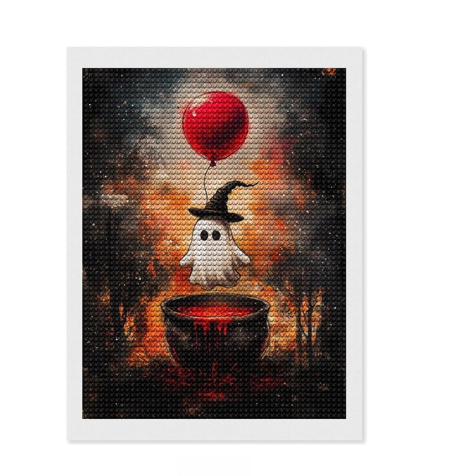 Junmoney Ghost with Balloon and Cauldron Diamond Painting Set 12"x16", Festive Home Decor, with Tool Kit, Gift Idea, Thoughtful Present, Creative Hobby