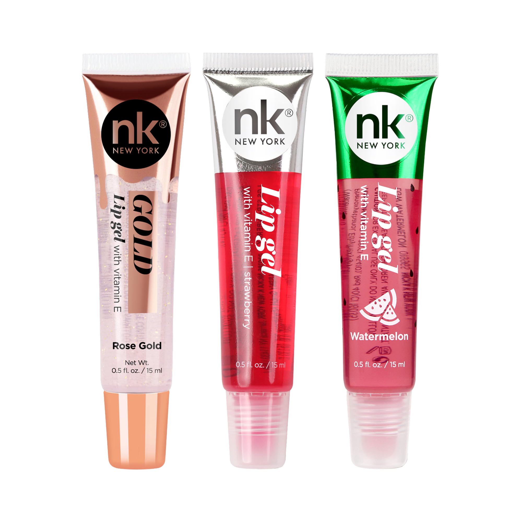 NICKA K NEW YORK Lip Gel, Hydrating, Lightweight, Glides on Effortlessly, Non Sticky Finish Lip Gel Colors Rose gold/Strawberry/Watermelon