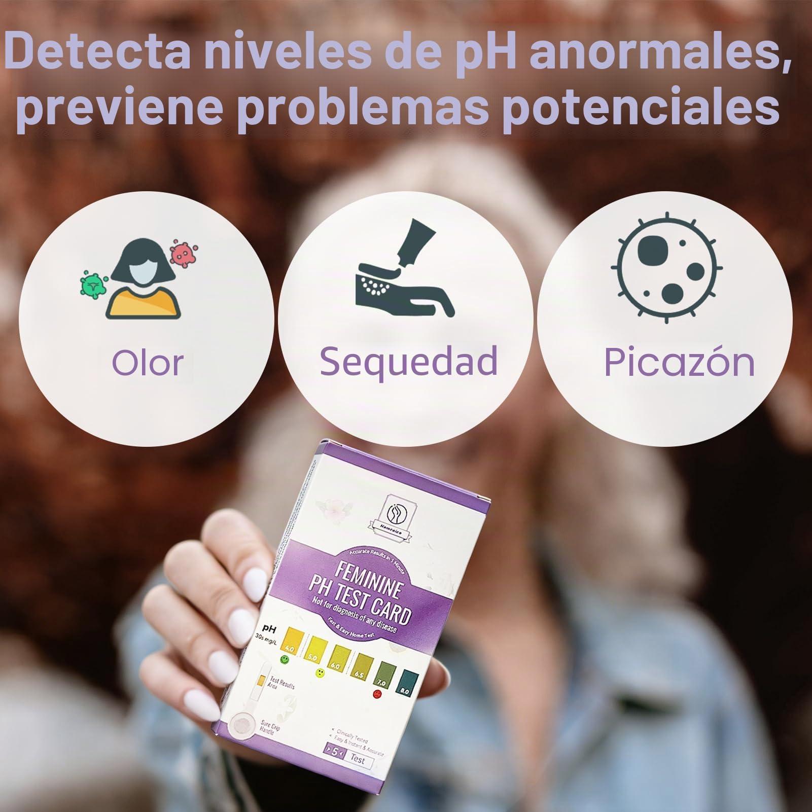 Homcocie Tiras Reactivas pH Femenino, 5 tiras empaquetadas con un mango seguro, pH 4,0-8,0, alta precisión con capacidad interferencia anti-VC, equilibrio exacto de ácidos y bases
