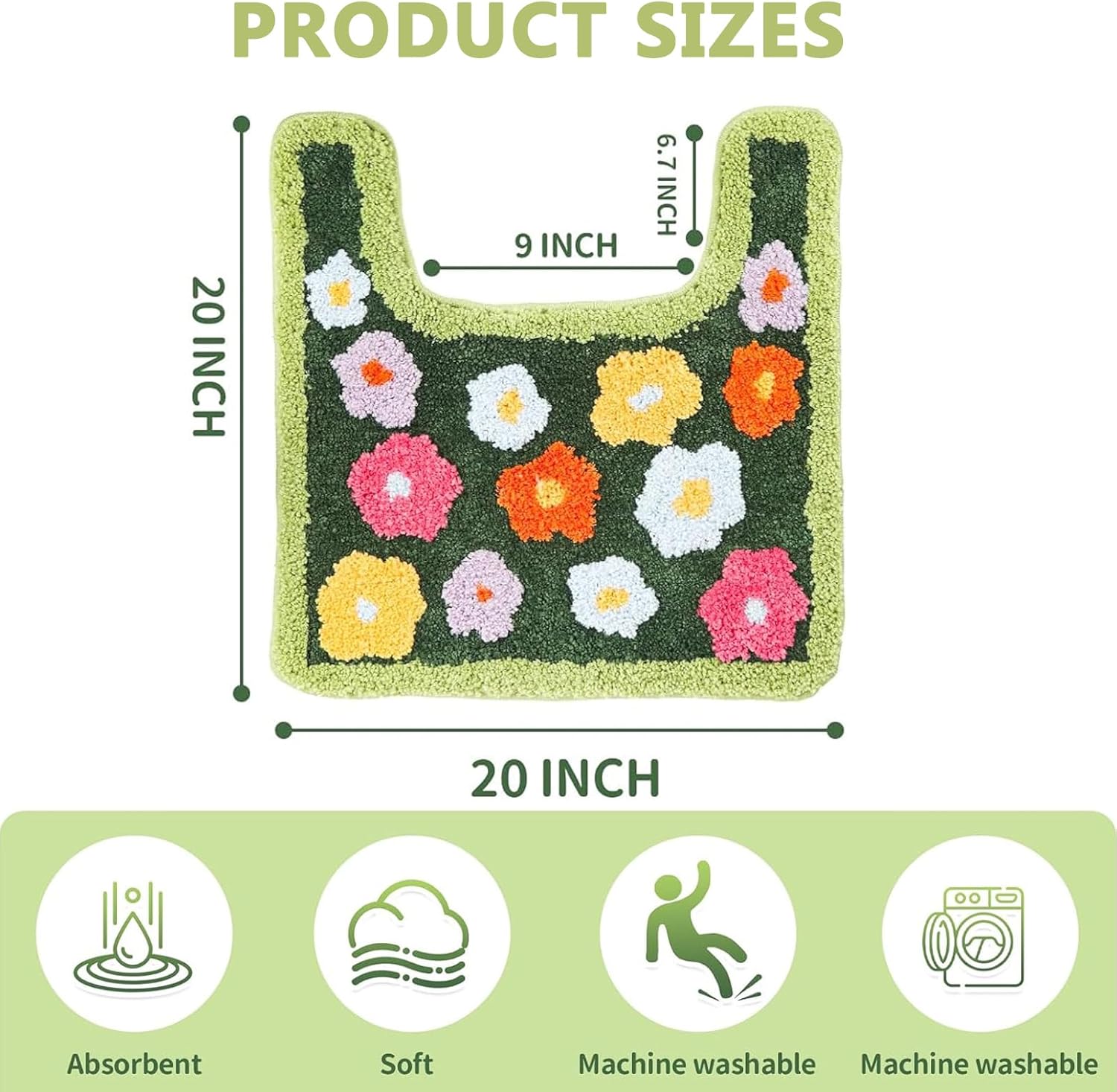 U Shaped Toilet Rugs,Cute Green Moss Rug for Bathroom,Aesthetic Soft Microfiber Decorative Non-Slip Carpet,Washable Water Absorbent Toilet Carpets(20x20inches)