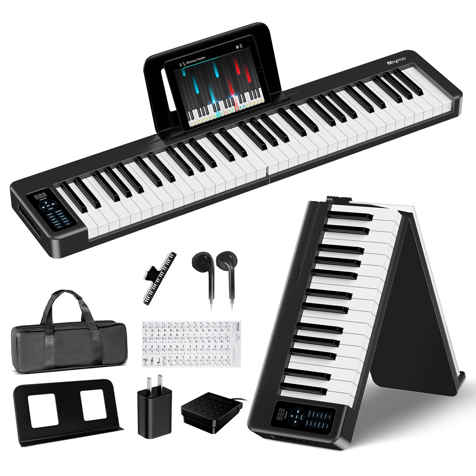 Rhymo 61 Key Folding Piano Keyboard, Semi-Weighted Full Size Keyboard Portable Piano with Music Rest, Bag, Bluetooth & MIDI for Beginner, Kids, Adults, Black