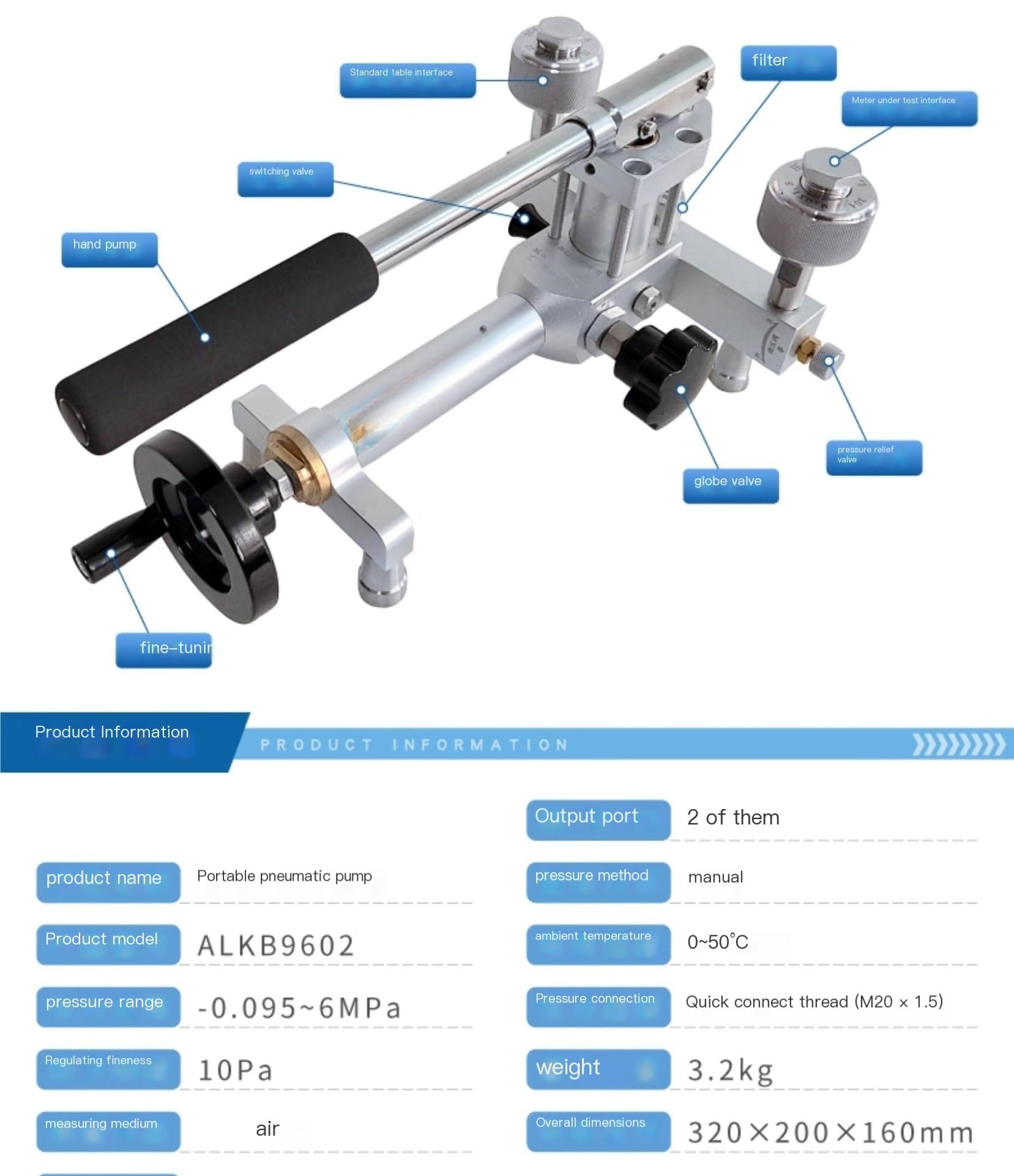 ALKB9602 Tragbare Luftpumpe, Über- und Unterdrucktester, manuelle Vakuumdruckquelle -0,095 bis 6 MPa(0~2.5MPa)