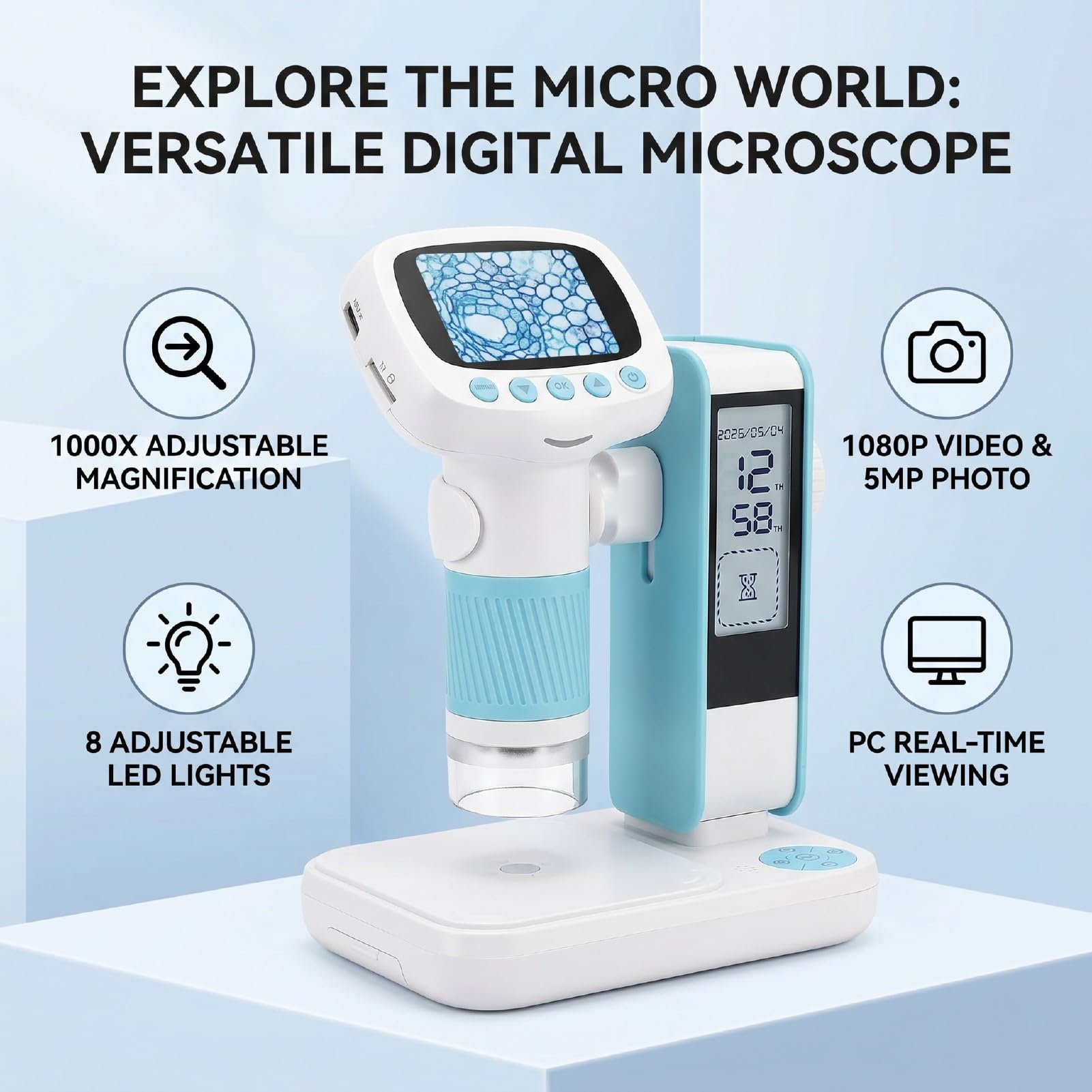 Srliya Microscopio Digitale Portatile 1080P 1000X Telecamera di Ispezione per Microscopio Portatile USB Regolabile con 8 Luci a LED per Bambini Adulti