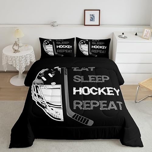 Miniatura 2 de Erosebridal Edredón de hockey tamaño individual para niños y adolescentes, ropa de cama de hockey negro y gris para comer, decoración de dormitorio,