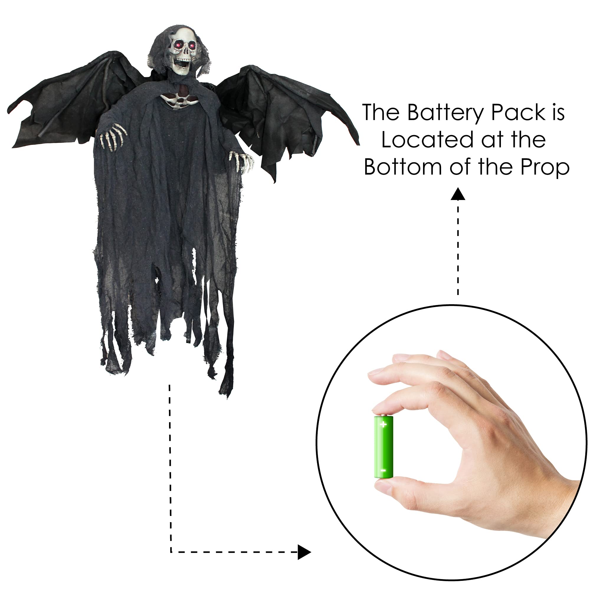 I LOVE FANCY DRESS LTD Ponure Reaper Halloween rekwizyt animowana dekoracja ze skrzydłami - czerwone świecące oczy i efekty dźwiękowe - Eerie Reaper z zmotoryzowanymi skrzydłami i głową - rekwizyty na Halloween, 1 opakowanie