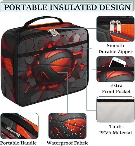 Miniatura 3 de YoCosy Lonchera para niños y niñas, color negro y rojo, bolsa de almuerzo aislada para baloncesto, reutilizable, pequeña bolsa enfriadora,