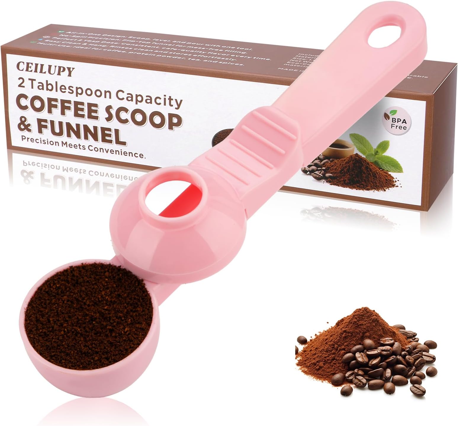 - 2 Tbsp Coffee Scoop with Built-in Funnel – Mess-Free for Ground Coffee, Protein Powder, Tea & Reusable K-Cup Refilling (Pink)