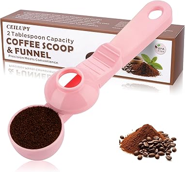 2-in-1 Coffee Scoop with Funnel, 2 Teaspoon Measuring Spoon for Reusable K Cups, Ground Coffee, Protein Powder & Tea, Mess-Free Plastic Design (Pink)