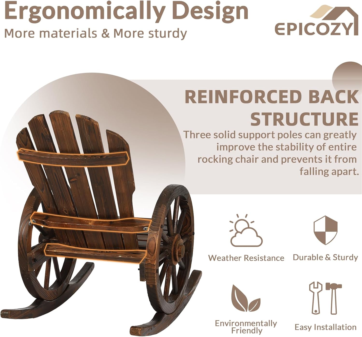 Outdoor Wood Wagon Rocking Chair, Patio Rustic Adirondack Porch Rocker with Oversized Back & Slatted Seat, Carbonized Wood Rocker Chair with Wagon Wheel Armrest for Indoor, Backyard, Garden