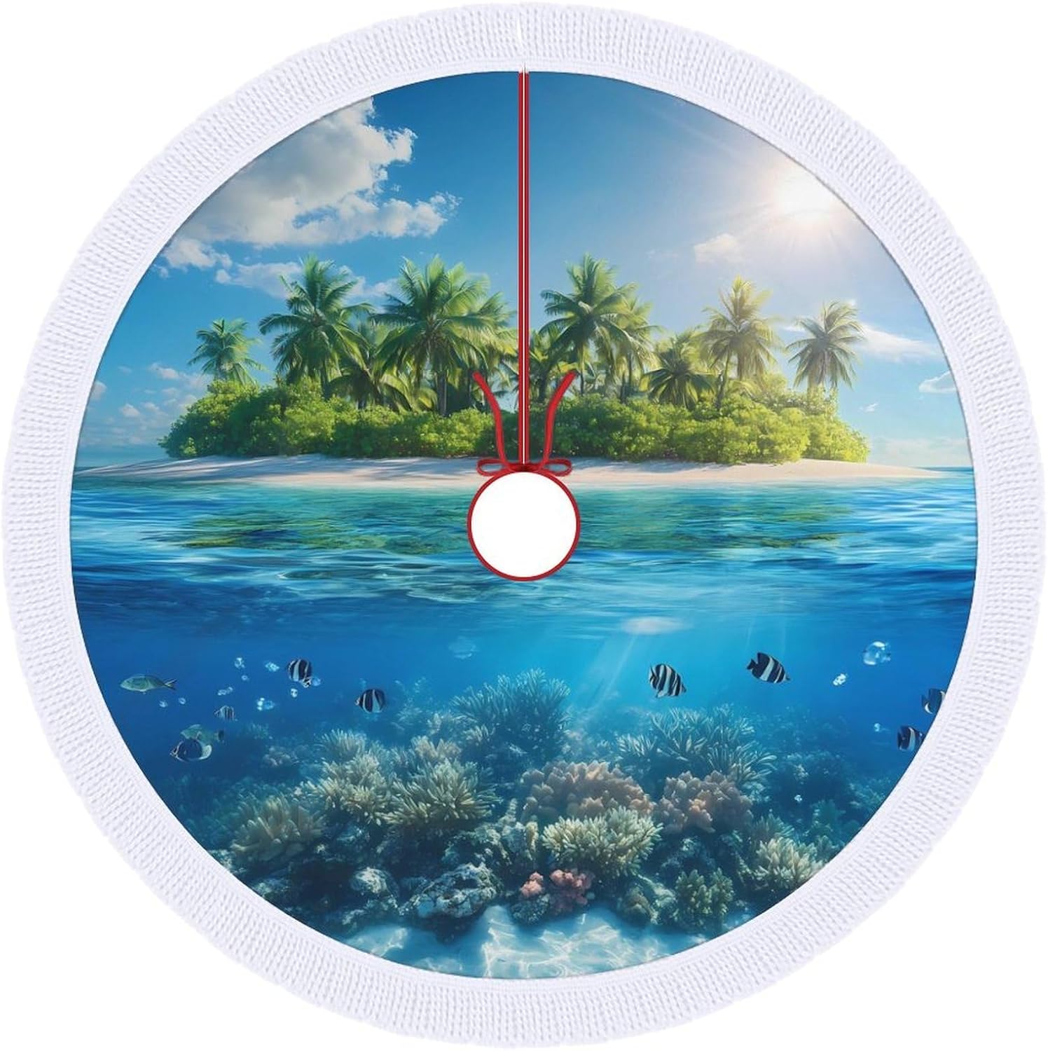Tropical Island Snorkeling Fish Christmas Tree Skirt Round Xmas Tree Mat Ornaments Tree Skirts with Tassels for Holiday Party